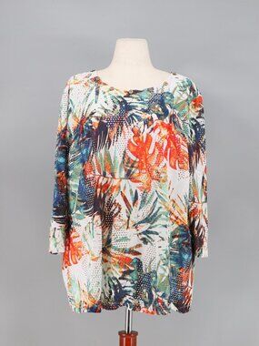 MULTIPLES Tropical Mesh Knit Top Tunic Colorful 3/4 Sleeve Pullover Size 1X
